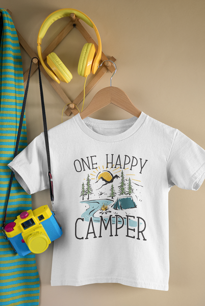 ONE HAPPY CAMPER Funny baby onesies Hiking bodysuit (white: short or long sleeve)