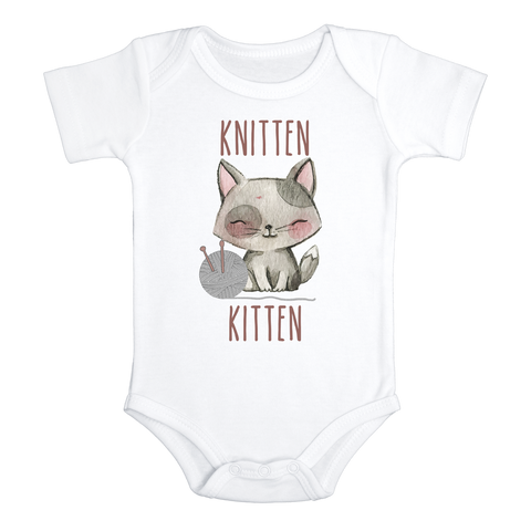 KNITTEN KITTEN Funny cat baby onesies bodysuit (white: short or long sleeve)