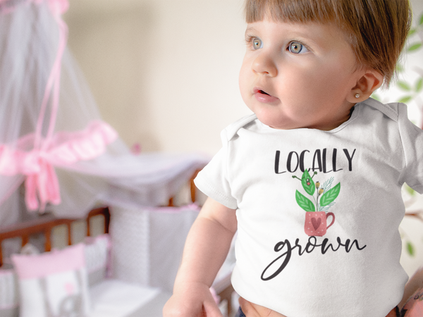 LOCALLY GROWN Funny baby onesies bodysuit (white: short or long sleeve)