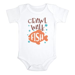 CRAWL WALK FISH Funny baby onesies fishing bodysuit (white: short or long sleeve)