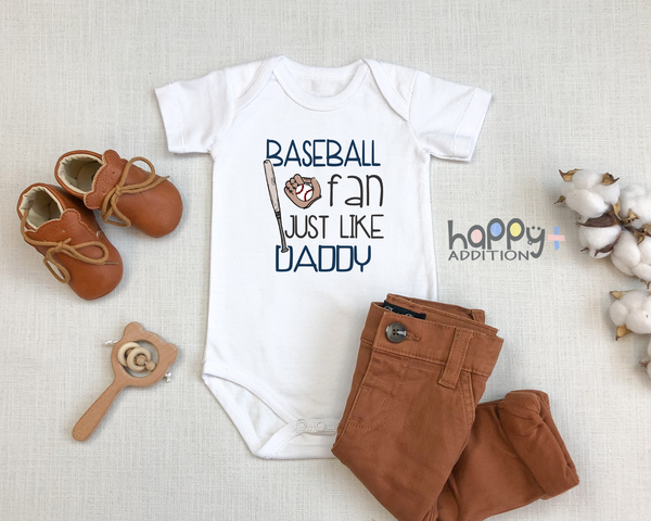BASEBALL FAN JUST LIKE DADDY Funny baby onesies baseball bodysuit (white: short or long sleeve)
