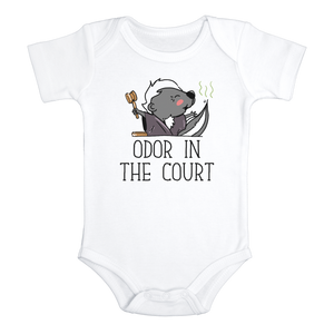 ODOR IN THE COURT Funny Baby Bodysuit Cute Skunk Onesie White