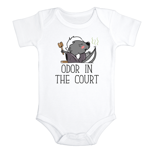 ODOR IN THE COURT Funny Baby Bodysuit Cute Skunk Onesie White
