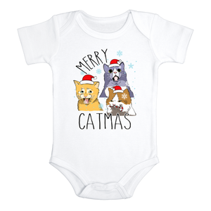 MERRY CATMAS Funny baby Cat onesies Christmas bodysuit (white: short or long sleeve)