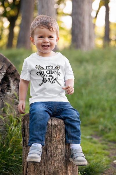 IT'S ALL ABOUT THAT BASE Funny baseball baby onesies bodysuit (white: short or long sleeve)