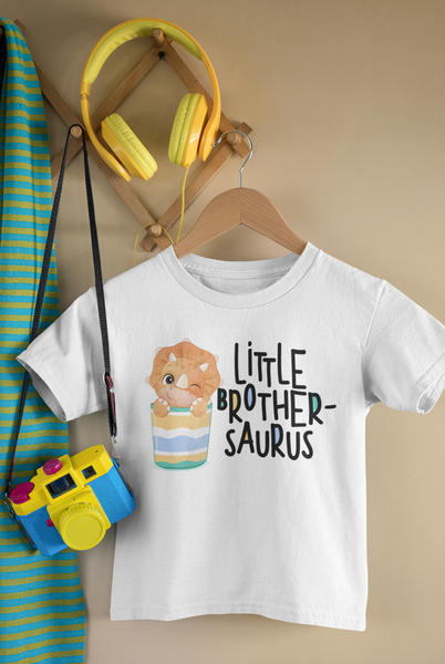 LITTLE BROTHER-SAURUS Funny Baby Dinosaur Onesie Baby Boy Body Suit White