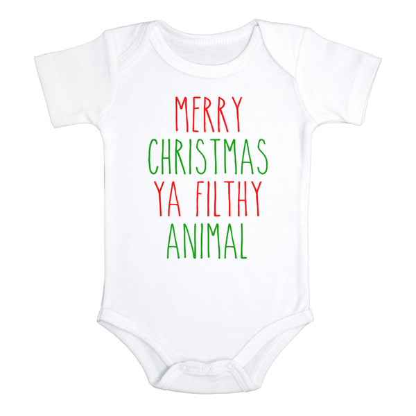 MERRY CHRISTMAS YA FILTHY ANIMAL Funny baby onesies Christmas bodysuit (white: short or long sleeve)