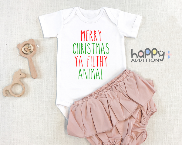 MERRY CHRISTMAS YA FILTHY ANIMAL Funny baby onesies Christmas bodysuit (white: short or long sleeve)