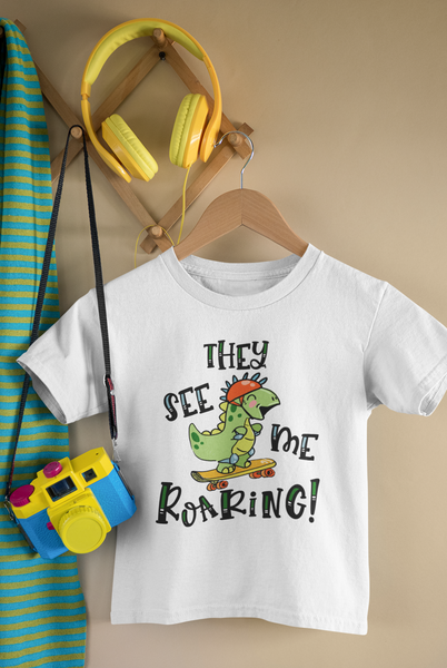 THEY SEE MY ROARING Funny Dinosaur Baby Bodysuit Cute Skateboard Onesie White