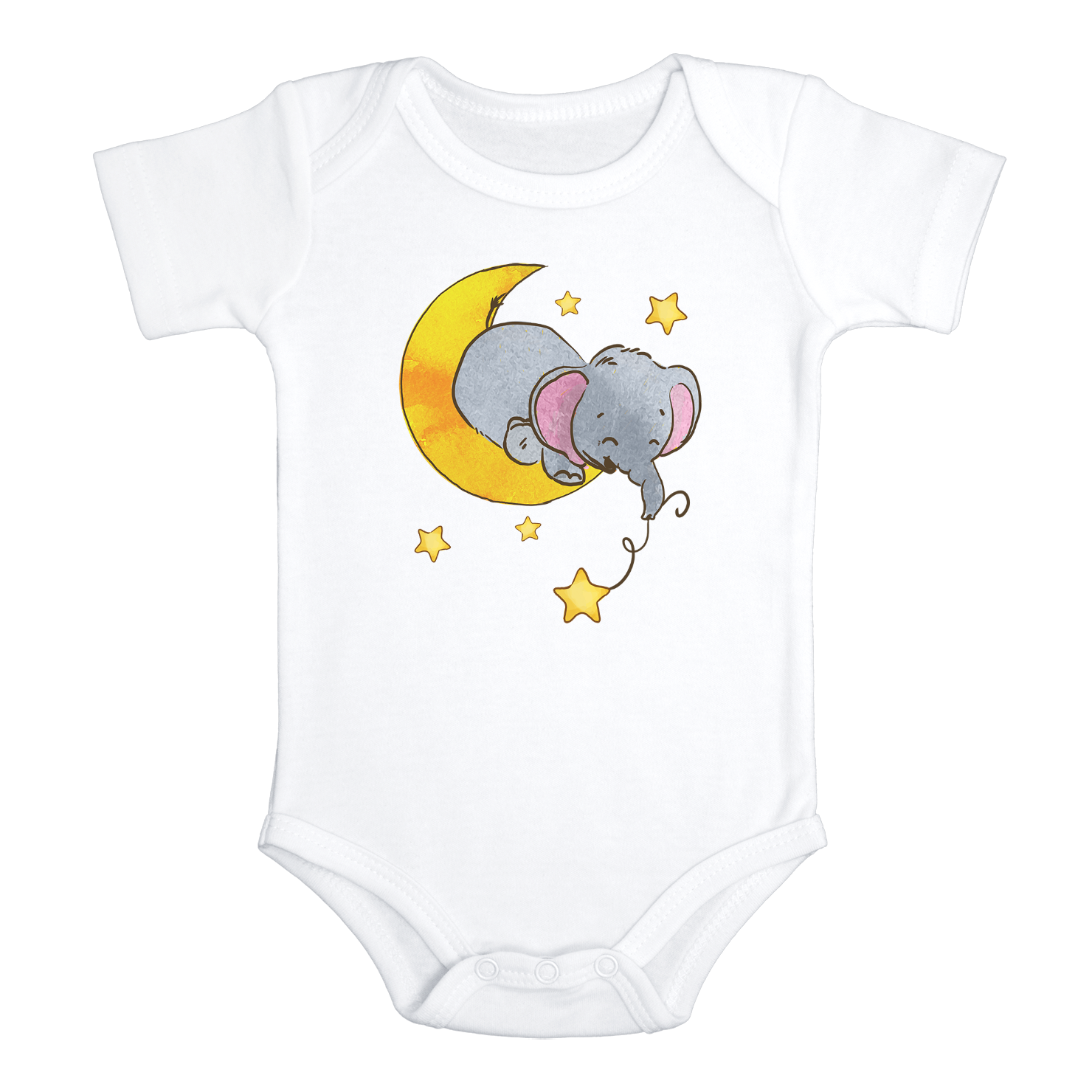 Elephant, Moon and Stars Funny Baby Bodysuit Cute Baby Elephant Onesie White