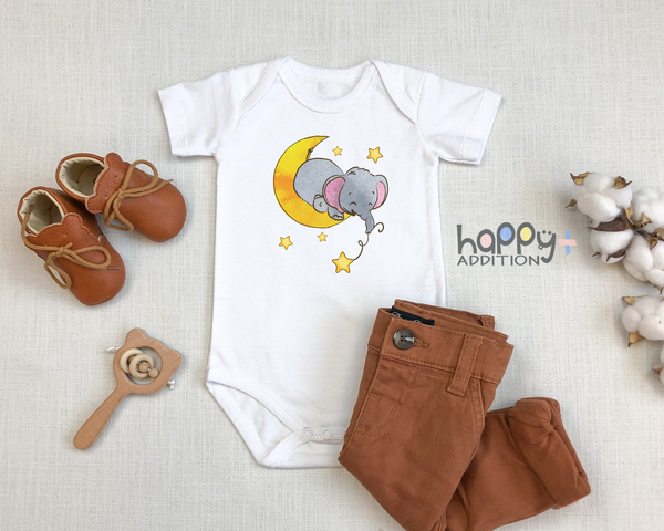 Elephant, Moon and Stars Funny Baby Bodysuit Cute Baby Elephant Onesie White