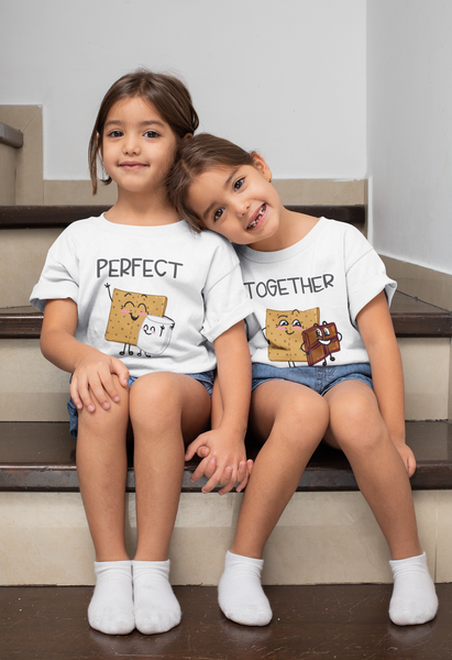 PERFECT TOGETHER: GRAHM CRACKER SMORES Funny Twin Babies Onesie Baby Girl Body Suit  (white: short or long sleeve) toddler 3t 4t 5t Available