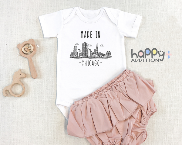 MADE IN CHICAGO City Cute baby Illinois onesies bodysuit (white: short or long sleeve)