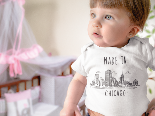 MADE IN CHICAGO City Cute baby Illinois onesies bodysuit (white: short or long sleeve)