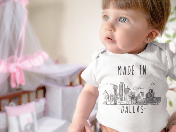 MADE IN DALLAS Texas Cute baby onesies bodysuit (white: short or long sleeve)