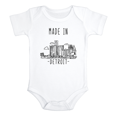 MADE IN DETROIT City Funny baby Michigan onesies bodysuit (white: short or long sleeve)