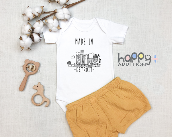 MADE IN DETROIT City Funny baby Michigan onesies bodysuit (white: short or long sleeve)