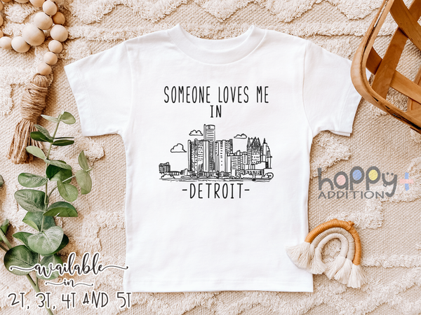 SOMEONE LOVES ME IN DETROIT City Funny baby Michigan onesies bodysuit (white: short or long sleeve)