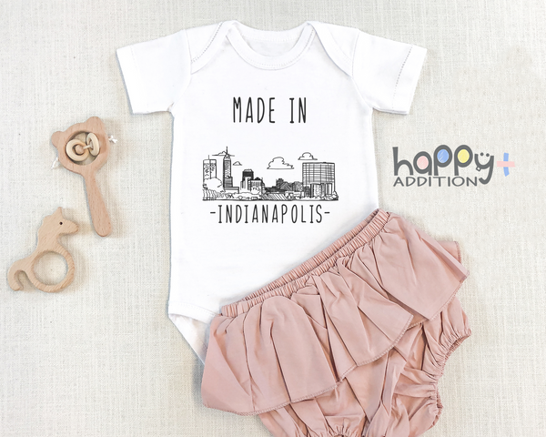 MADE IN INDIANAPOLIS Cute Indiana baby onesies bodysuit (white: short or long sleeve)