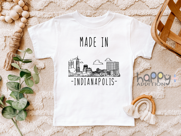 MADE IN INDIANAPOLIS Cute Indiana baby onesies bodysuit (white: short or long sleeve)