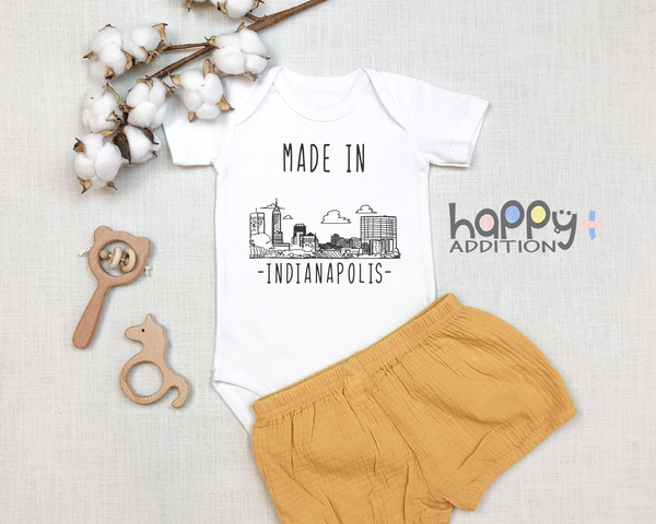 MADE IN INDIANAPOLIS Cute Indiana baby onesies bodysuit (white: short or long sleeve)