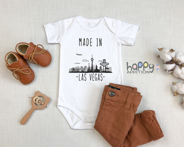 MADE IN LAS VEGAS Cute Nevada baby onesies bodysuit (white: short or long sleeve)