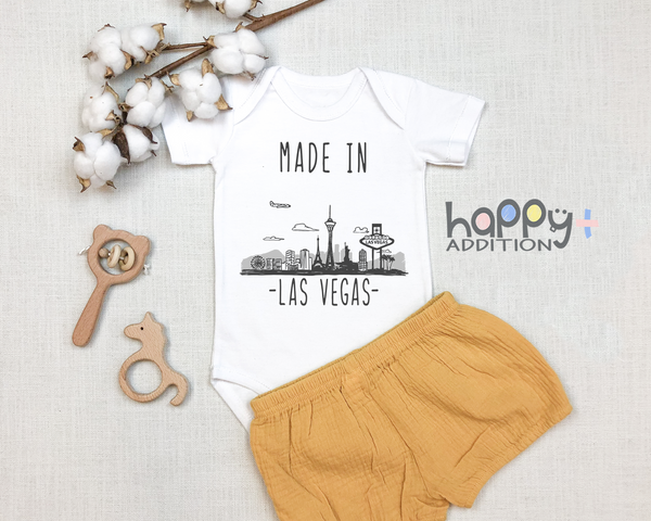 MADE IN LAS VEGAS Cute Nevada baby onesies bodysuit (white: short or long sleeve)