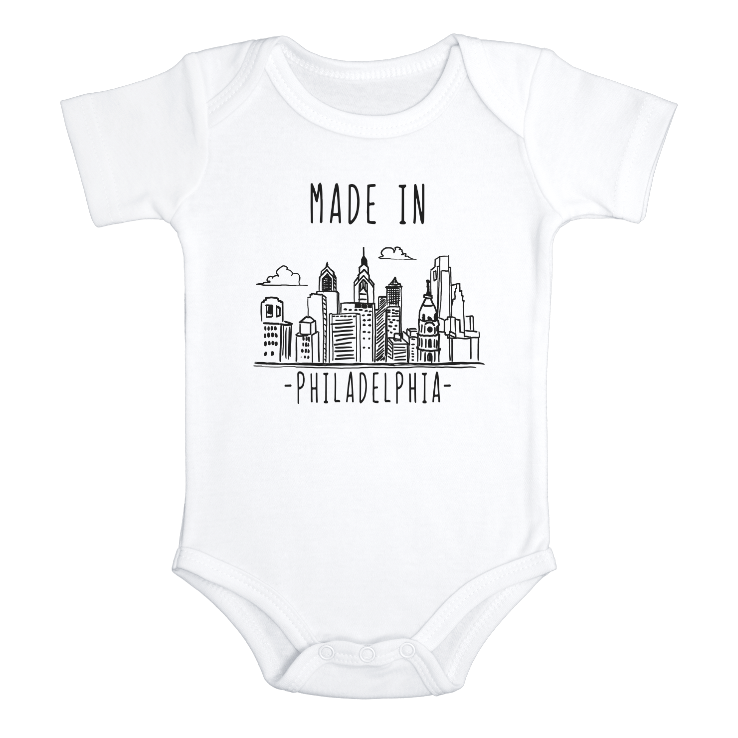 MADE IN PHILADELPHIA Funny baby PHILLY onesies bodysuit (white: short or long sleeve)