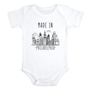 MADE IN PHILADELPHIA Funny baby PHILLY onesies bodysuit (white: short or long sleeve)