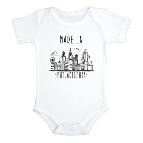 MADE IN PHILADELPHIA Funny baby PHILLY onesies bodysuit (white: short or long sleeve)