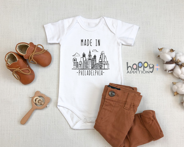 MADE IN PHILADELPHIA Funny baby PHILLY onesies bodysuit (white: short or long sleeve)