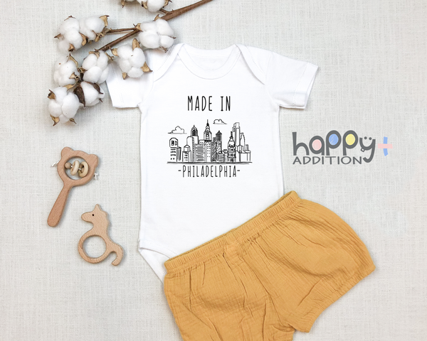 MADE IN PHILADELPHIA Funny baby PHILLY onesies bodysuit (white: short or long sleeve)