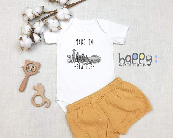 MADE IN SEATTLE City Funny baby Washington onesies bodysuit (white: short or long sleeve)