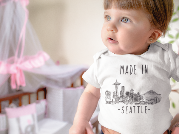 MADE IN SEATTLE City Funny baby Washington onesies bodysuit (white: short or long sleeve)