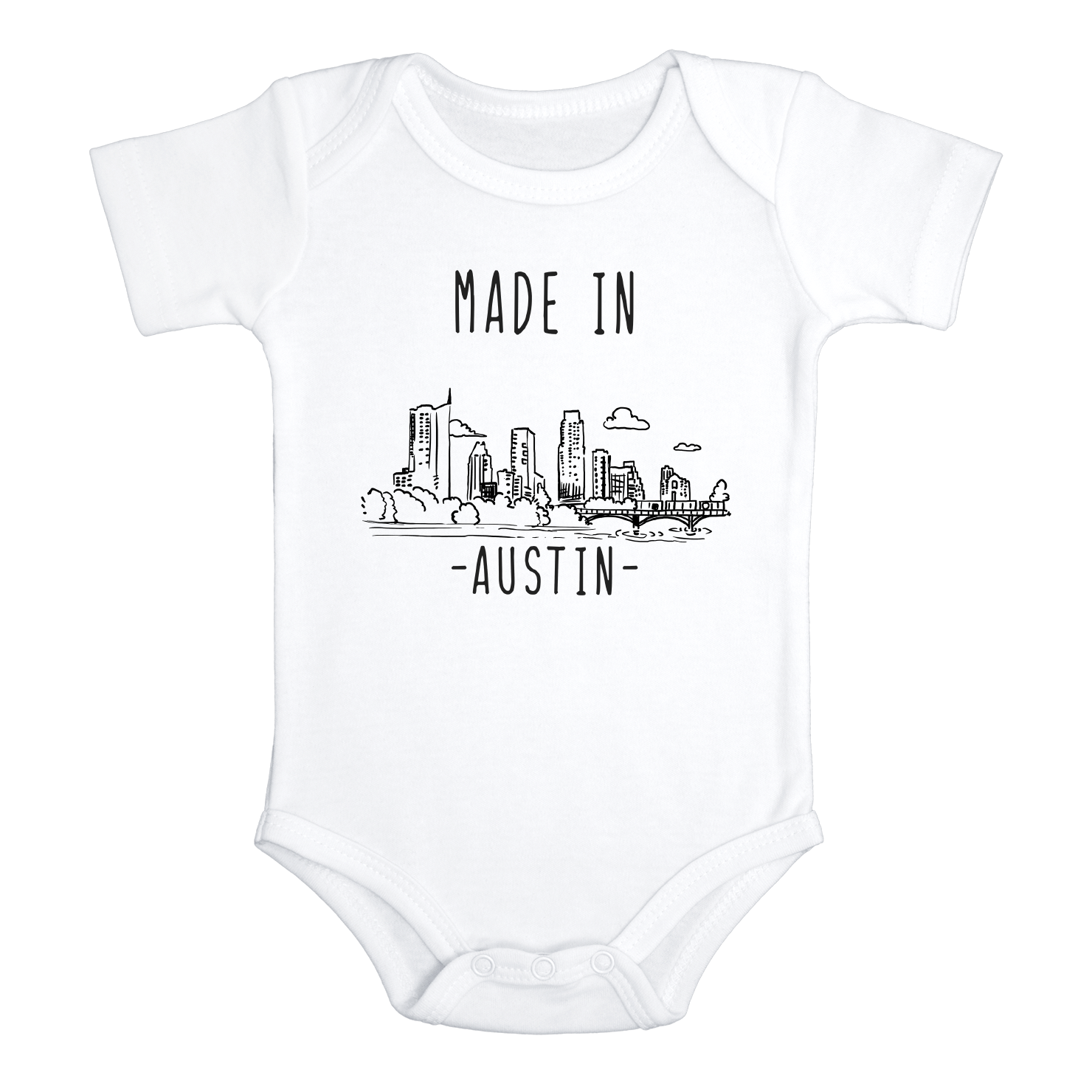 MADE IN AUSTIN Texas Cute baby onesies bodysuit (white: short or long sleeve)