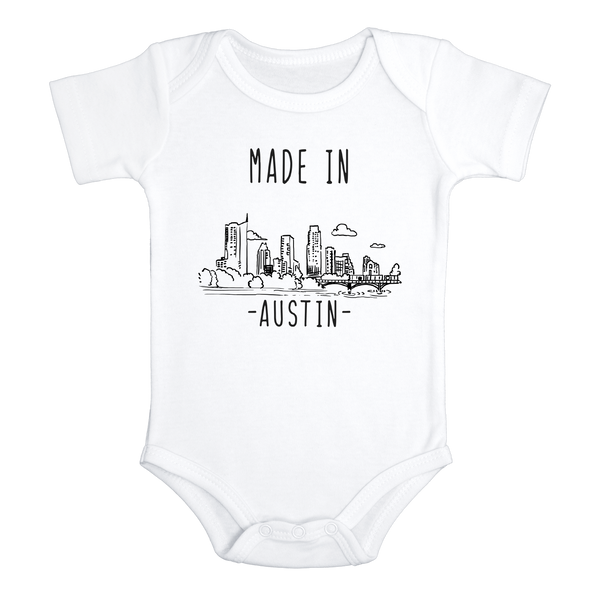 MADE IN AUSTIN Texas Cute baby onesies bodysuit (white: short or long sleeve)