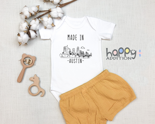 MADE IN AUSTIN Texas Cute baby onesies bodysuit (white: short or long sleeve)