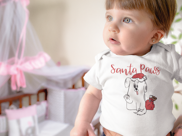 SANTA PAWS Funny baby Dog onesies Christmas bodysuit (white: short or long sleeve)