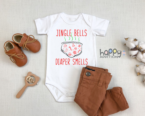 JINGLE BELLS DIAPER SMELLS Funny baby onesies Christmas bodysuit (white: short or long sleeve)
