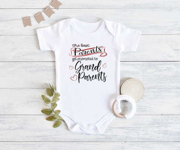 THE BEST PARENTS ARE PROMOTED TO GRANDPARENTS baby onesies bodysuit (white: short or long sleeve) - HappyAddition