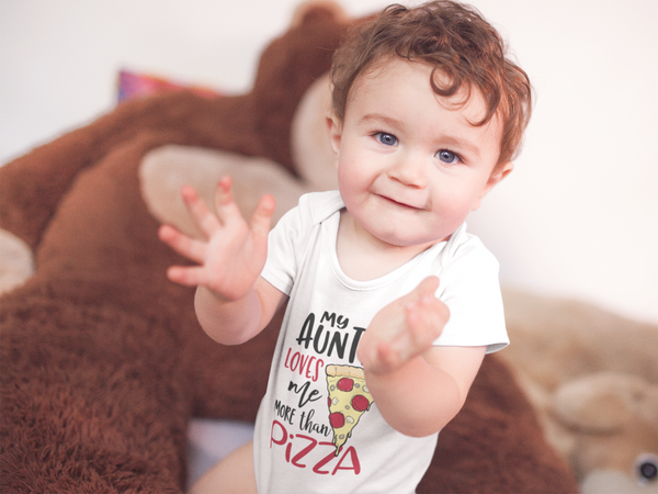 MY AUNT LOVES ME MORE THAN PIZZA Funny baby onesies pizza bodysuit (white: short or long sleeve) - HappyAddition