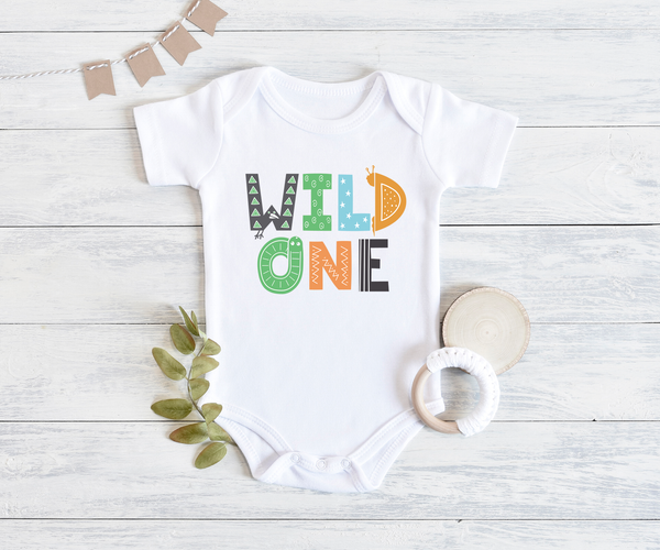 WILD ONE funny baby onesies first birthday bodysuit (white: short or long sleeve) - HappyAddition