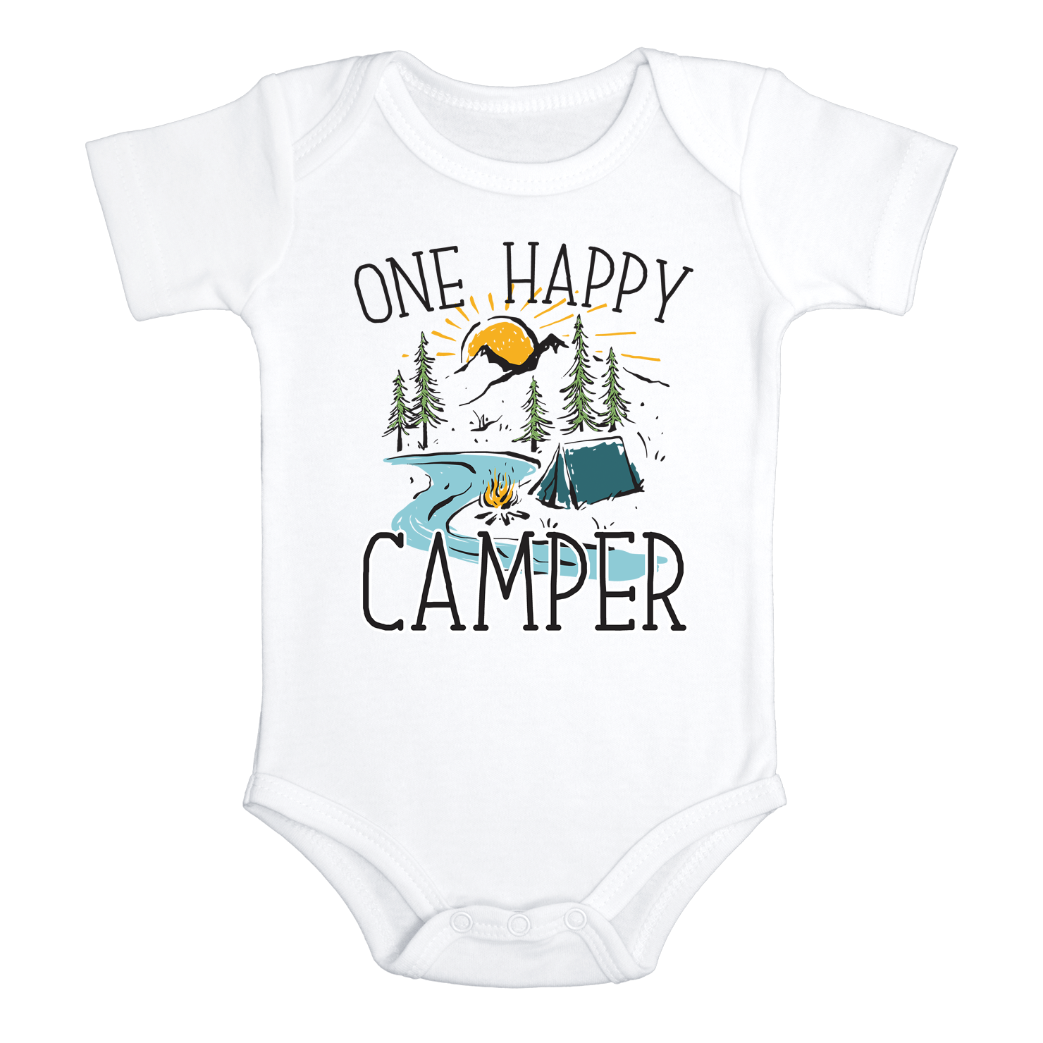 ONE HAPPY CAMPER Funny baby onesies Hiking bodysuit (white: short or long sleeve)