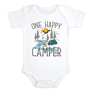 ONE HAPPY CAMPER Funny baby onesies Hiking bodysuit (white: short or long sleeve)