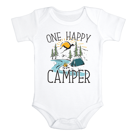 ONE HAPPY CAMPER Funny baby onesies Hiking bodysuit (white: short or long sleeve)