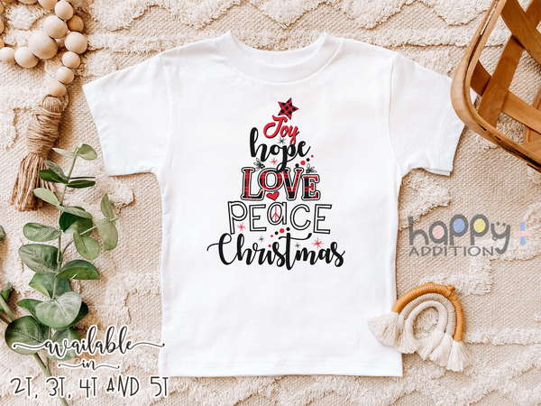 JOY HOPE LOVE PEACE Funny baby onesies Christmas Tree bodysuit (white: short or long sleeve)