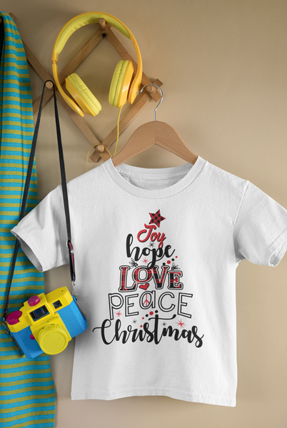 JOY HOPE LOVE PEACE Funny baby onesies Christmas Tree bodysuit (white: short or long sleeve)