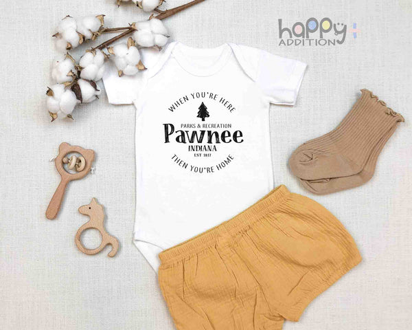 PAWNEE INDIANA PARKS & REC Funny baby onesies bodysuit (white: short or long sleeve) - HappyAddition