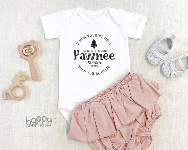 PAWNEE INDIANA PARKS & REC Funny baby onesies bodysuit (white: short or long sleeve) - HappyAddition